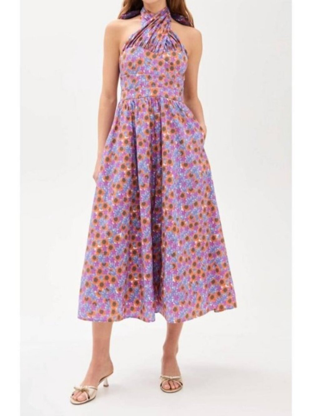 Celiab Travesa Dress Purple Floral Halter Bow Midi Xs Nwt